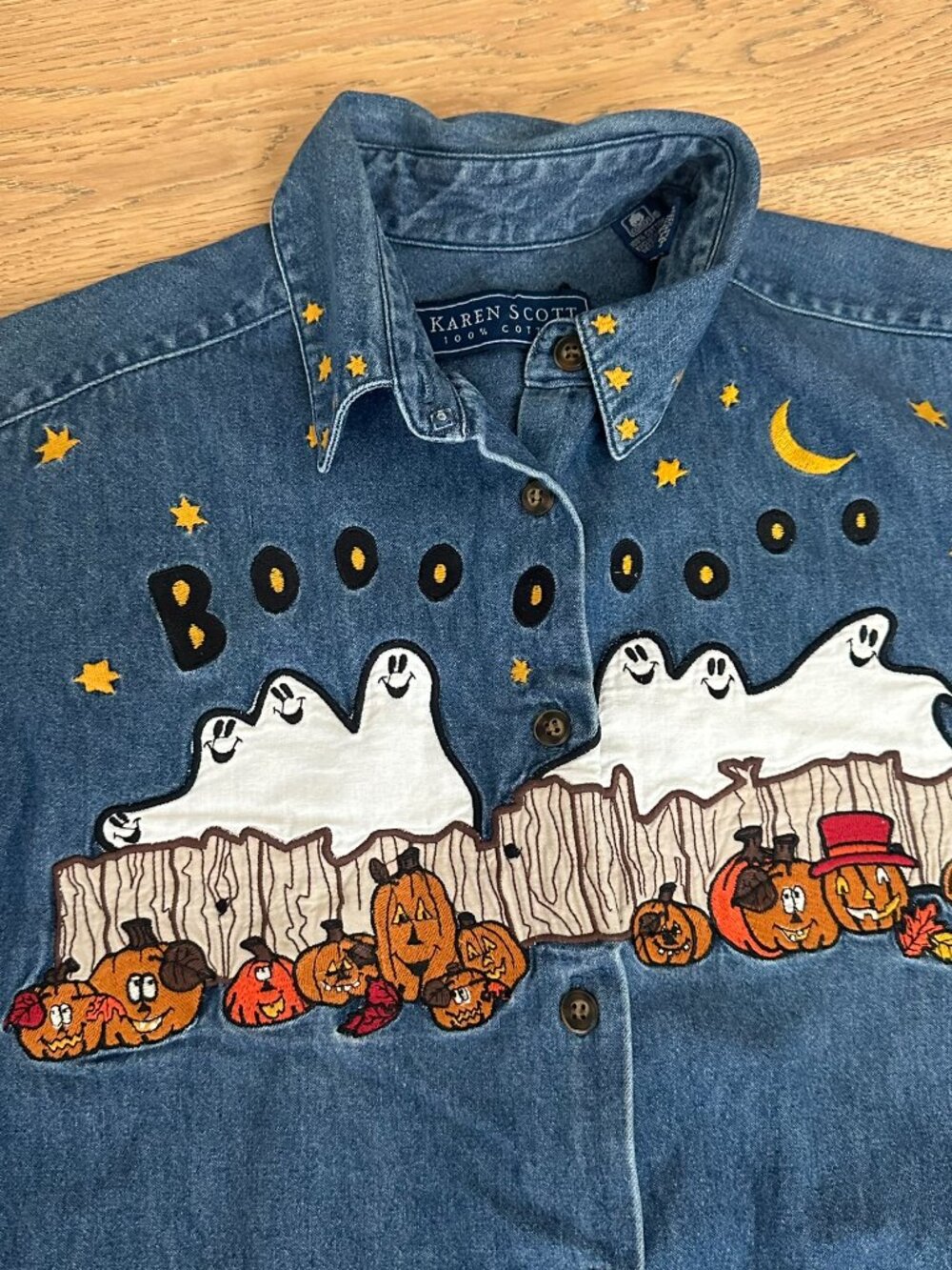 Karen Scott Halloween Denim Shirt – Ghosts Pumpkins Embroidered Fall Button Up S